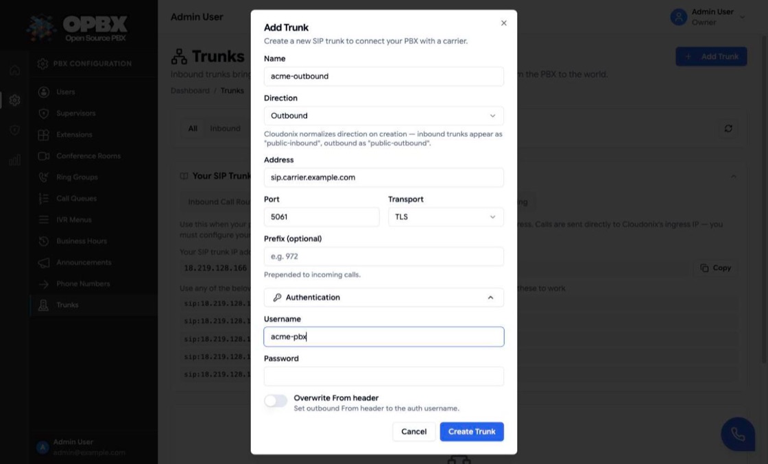 Add Trunk dialog with direction Outbound, the address sip.carrier.example.com, port 5061, transport TLS and the Authentication section expanded with a username